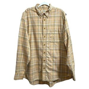 Cabelas Mens Cotton Button Down Tan Multi Color Plaid Casual Dress Shirt 2XL